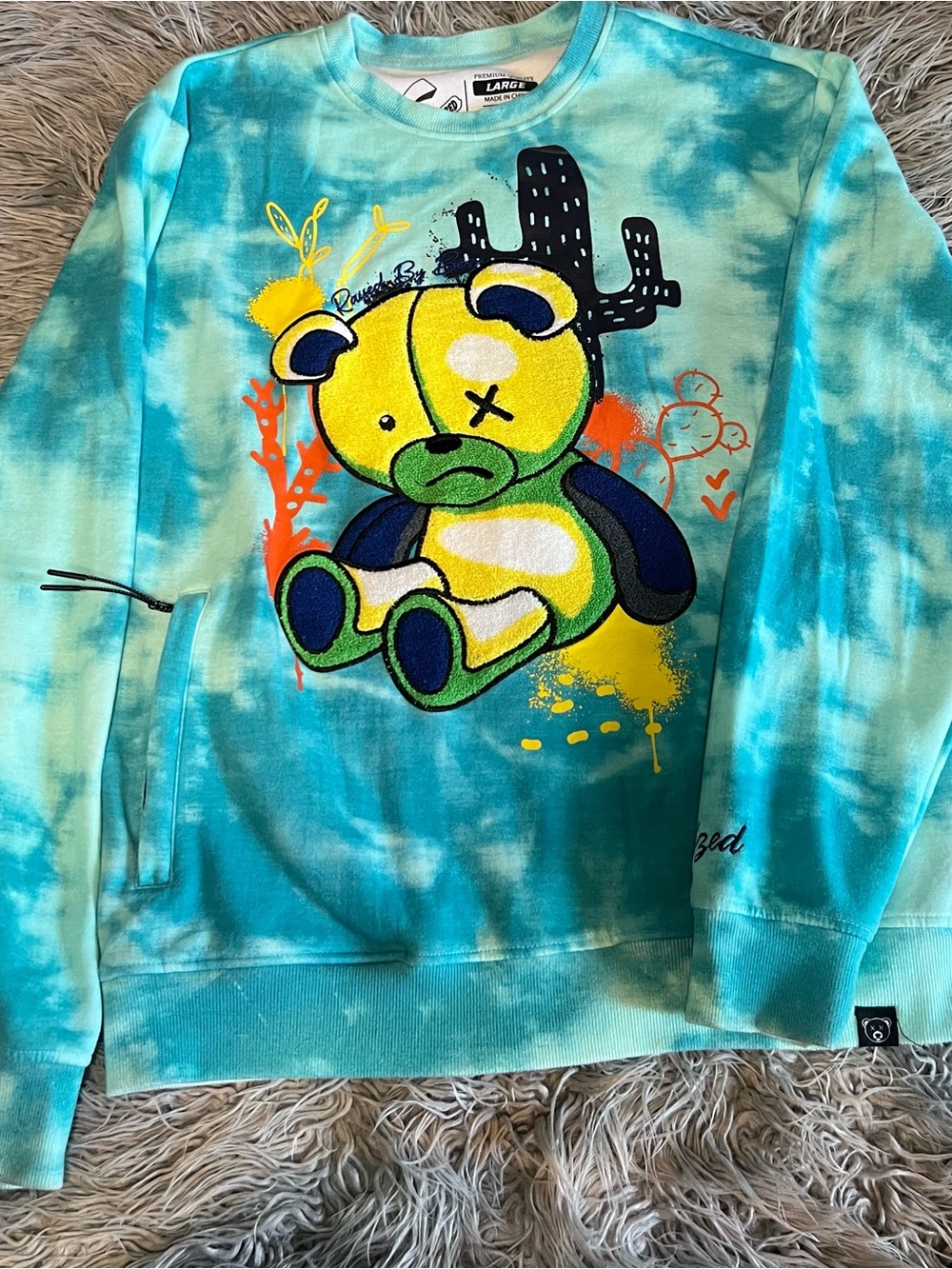 Tie-Dye Blue Graphic Bear Crewneck Sweatshirt - Unbranded